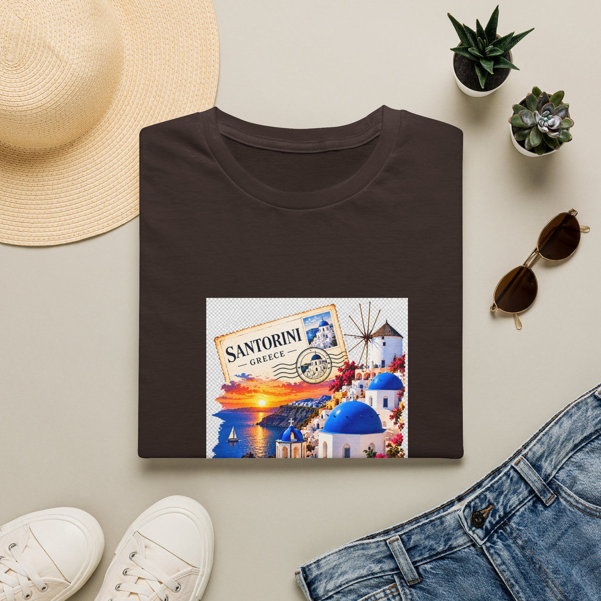 Santorini Greece Vintage Travel T-Shirt – Scenic Oia Sunset Poster Tee