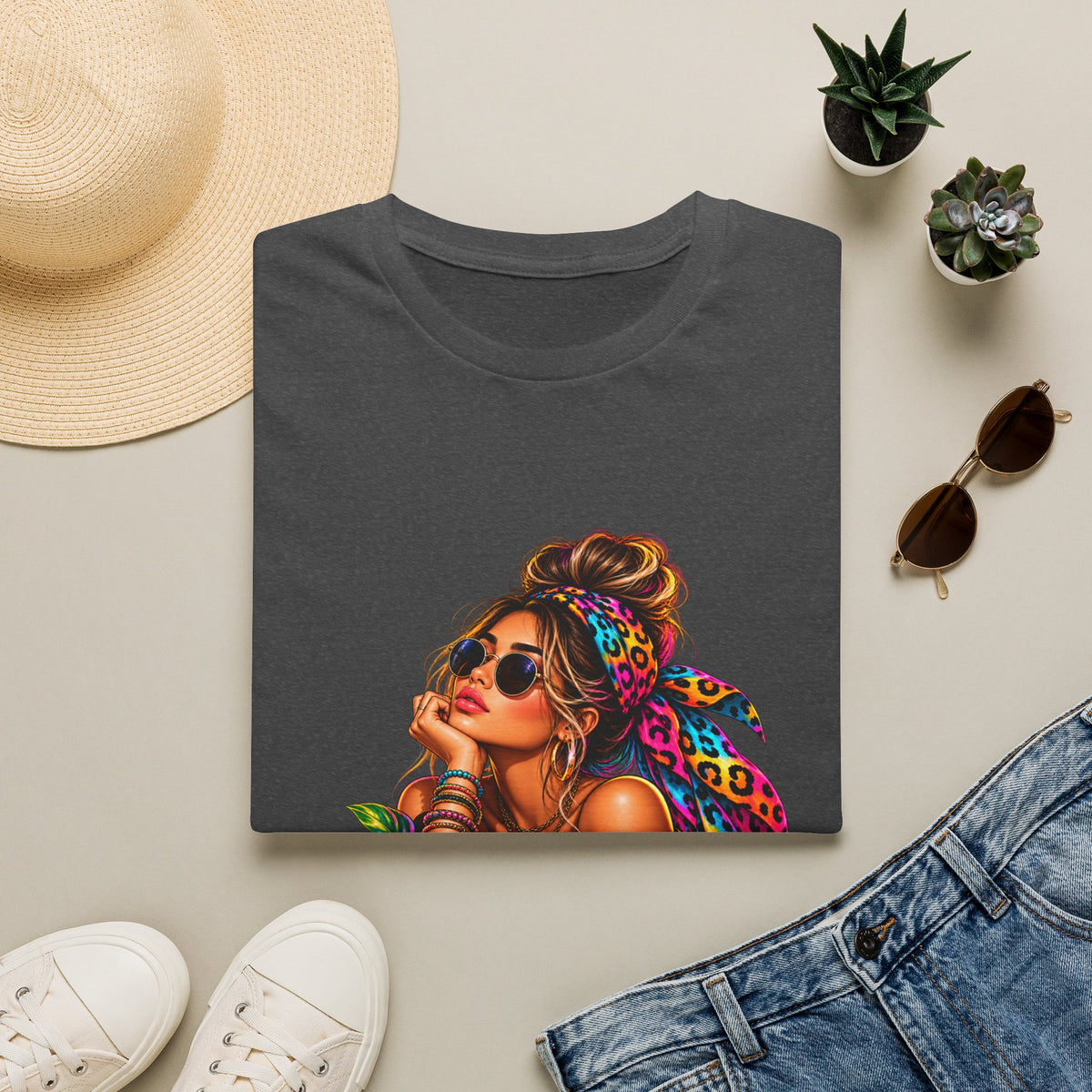 T-Shirt — Tropical Boho Girl Graphic Tee with Hibiscus & Bandana