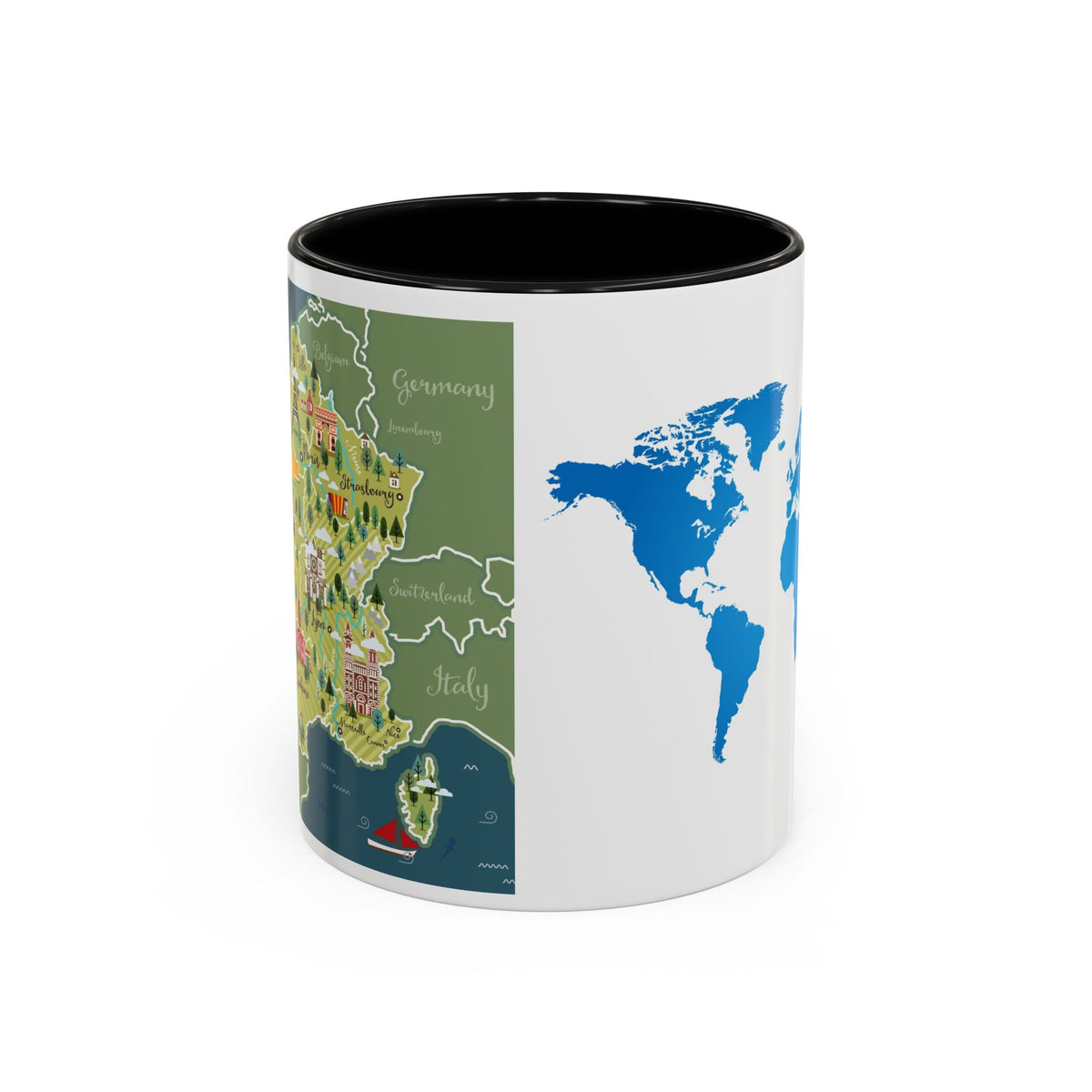 World Map Accent Coffee Mug — Illustrated Italy & Blue World Map Travel Mug (11/15oz)