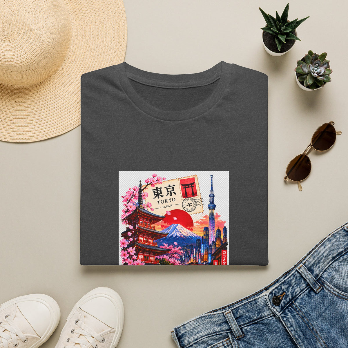 Tokyo Sakura Illustration T-Shirt — Vintage Mount Fuji & Cherry Blossom Graphic