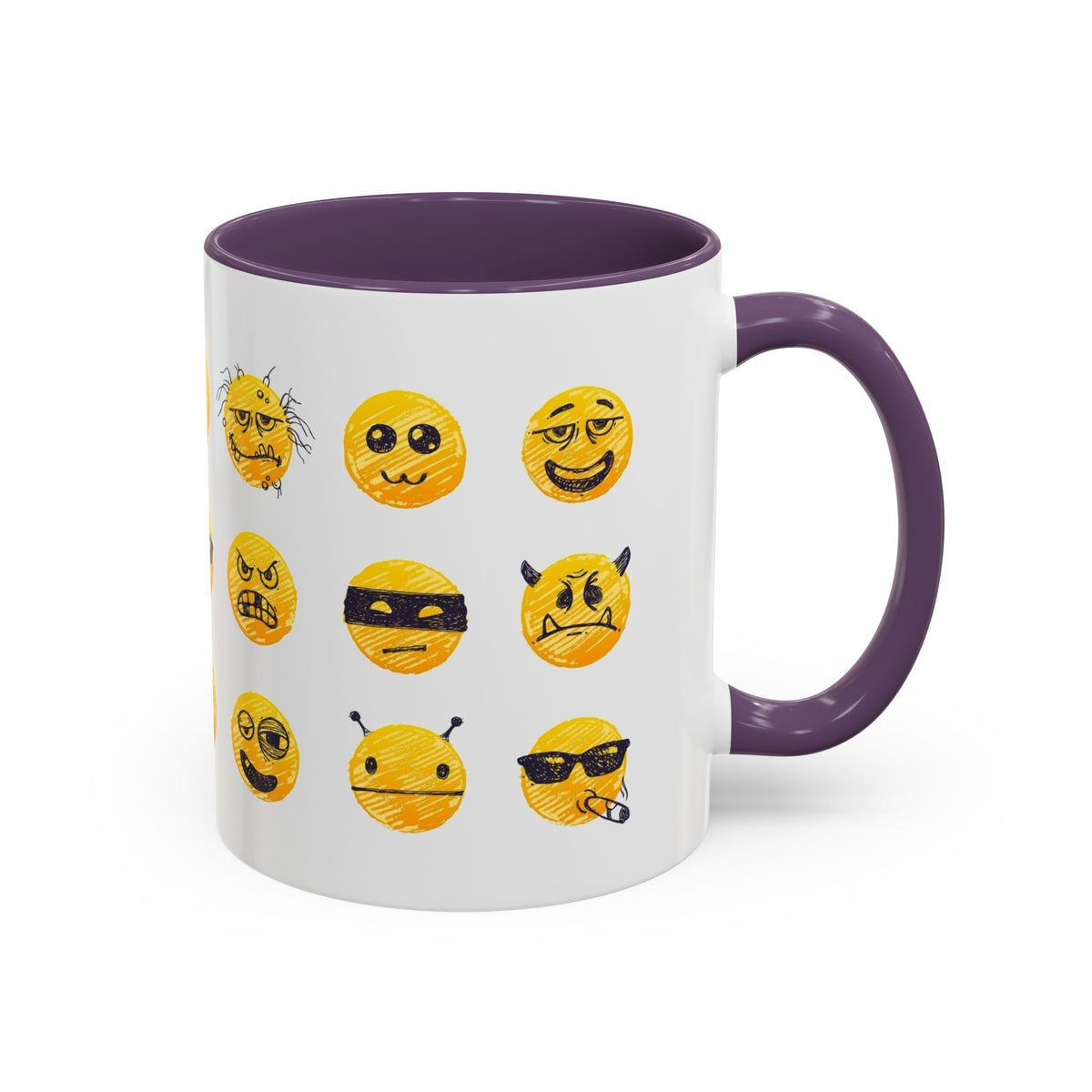 Emoji Faces Coffee Mug — Funny Yellow Emoji Pattern Accent Mug (11/15oz)