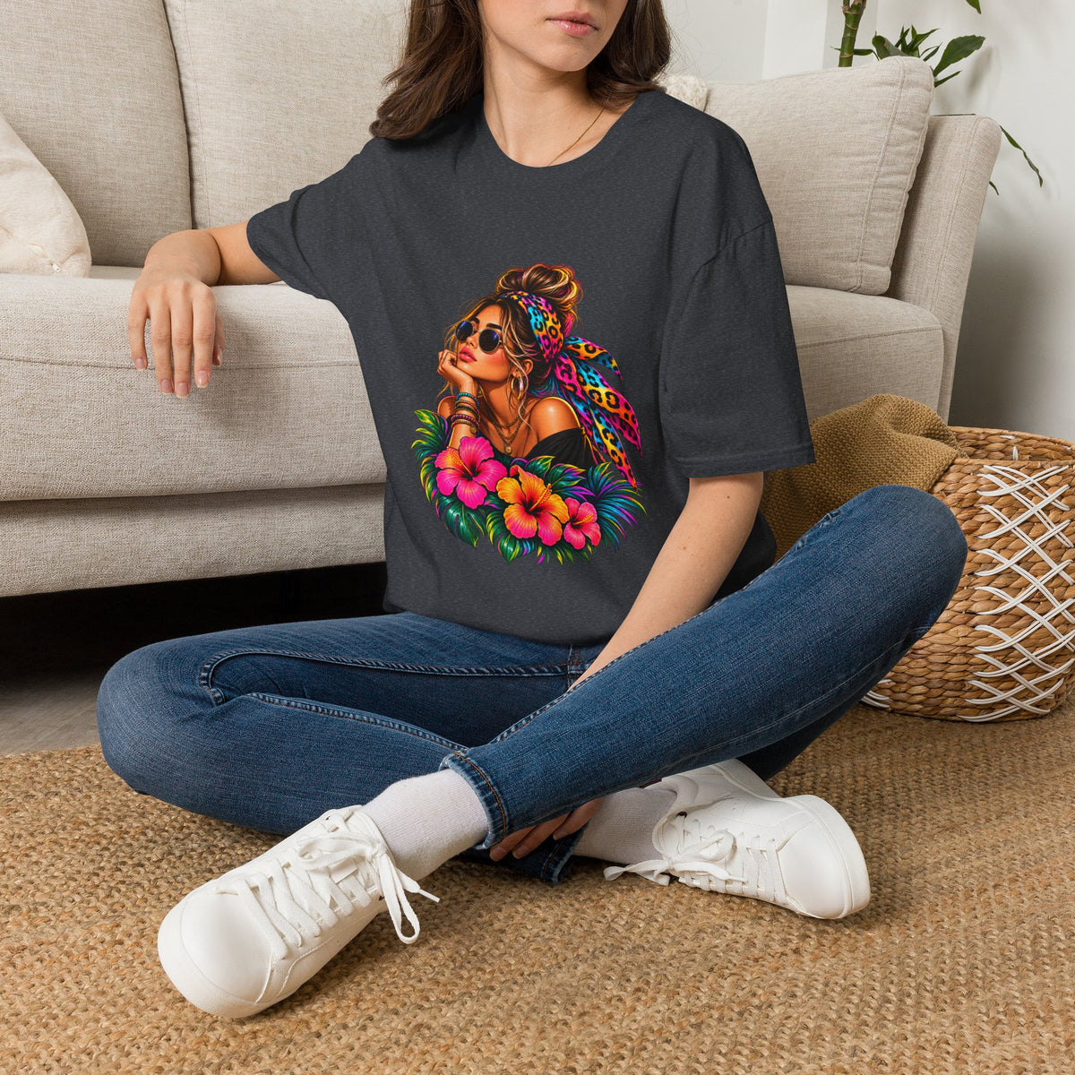 T-Shirt — Tropical Boho Girl Graphic Tee with Hibiscus & Bandana