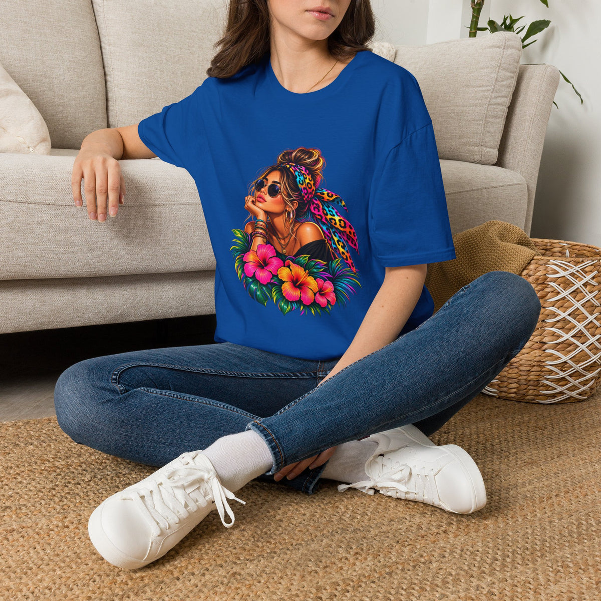 T-Shirt — Tropical Boho Girl Graphic Tee with Hibiscus & Bandana