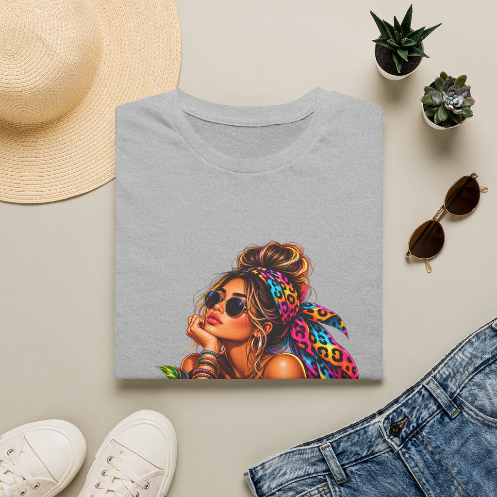 T-Shirt — Tropical Boho Girl Graphic Tee with Hibiscus & Bandana
