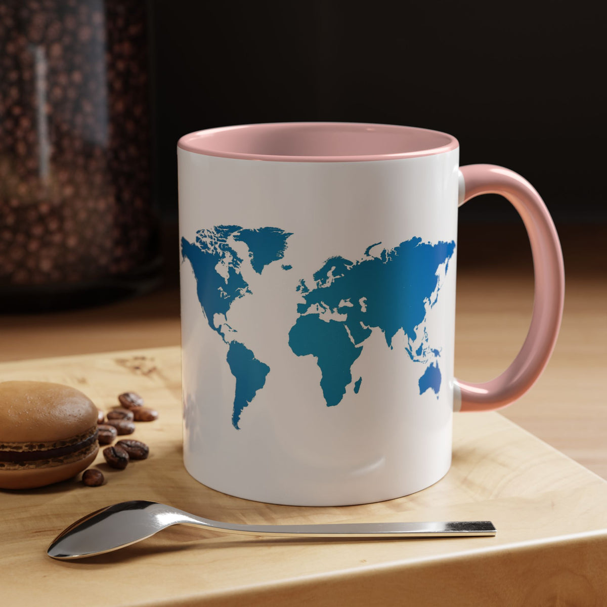World Map Accent Coffee Mug — Illustrated Italy & Blue World Map Travel Mug (11/15oz)