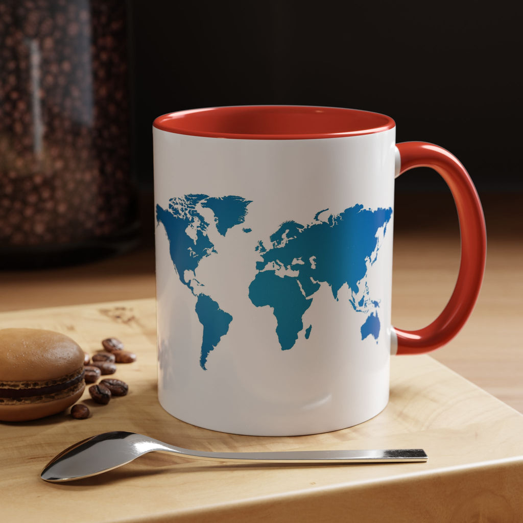 World Map Accent Coffee Mug — Illustrated Italy & Blue World Map Travel Mug (11/15oz)