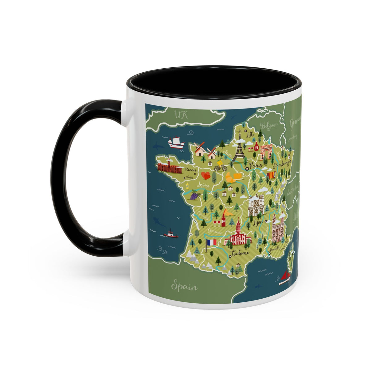 World Map Accent Coffee Mug — Illustrated Italy & Blue World Map Travel Mug (11/15oz)