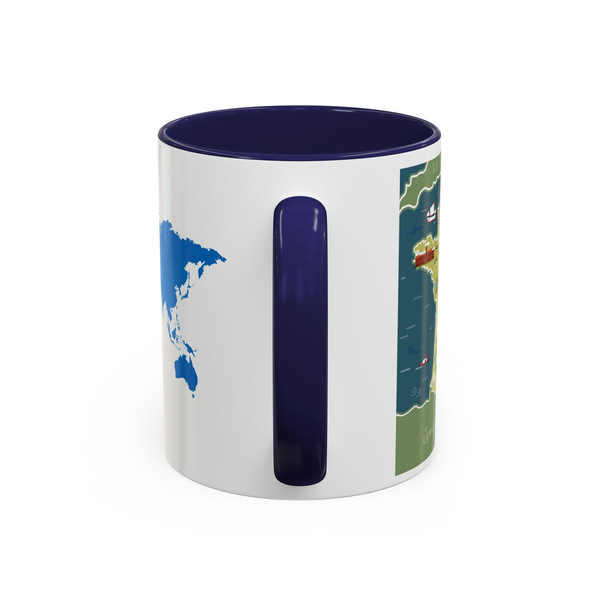 World Map Accent Coffee Mug — Illustrated Italy & Blue World Map Travel Mug (11/15oz)