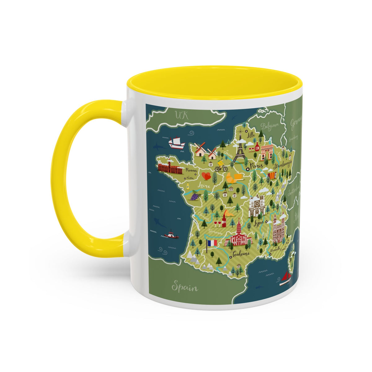 World Map Accent Coffee Mug — Illustrated Italy & Blue World Map Travel Mug (11/15oz)