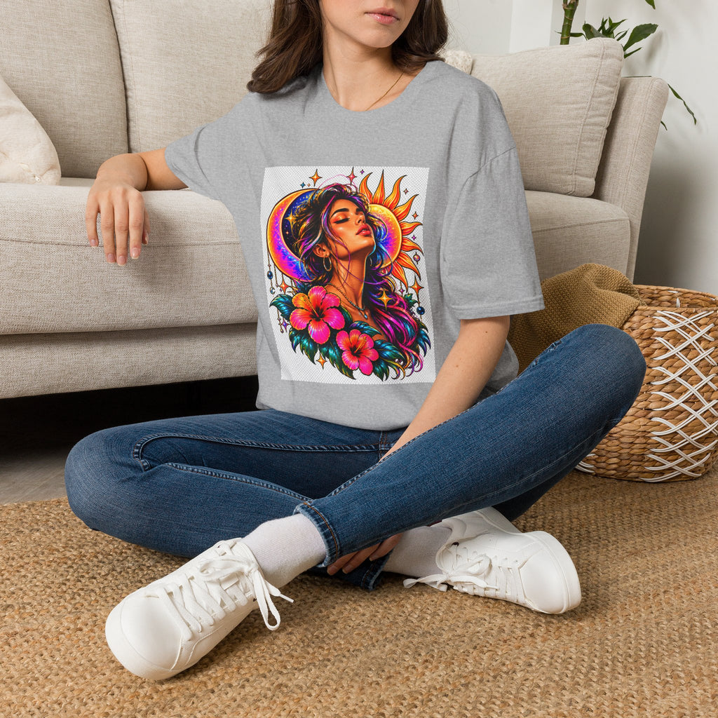 Sun & Moon Goddess T-Shirt — Vibrant Floral Boho Portrait Tee