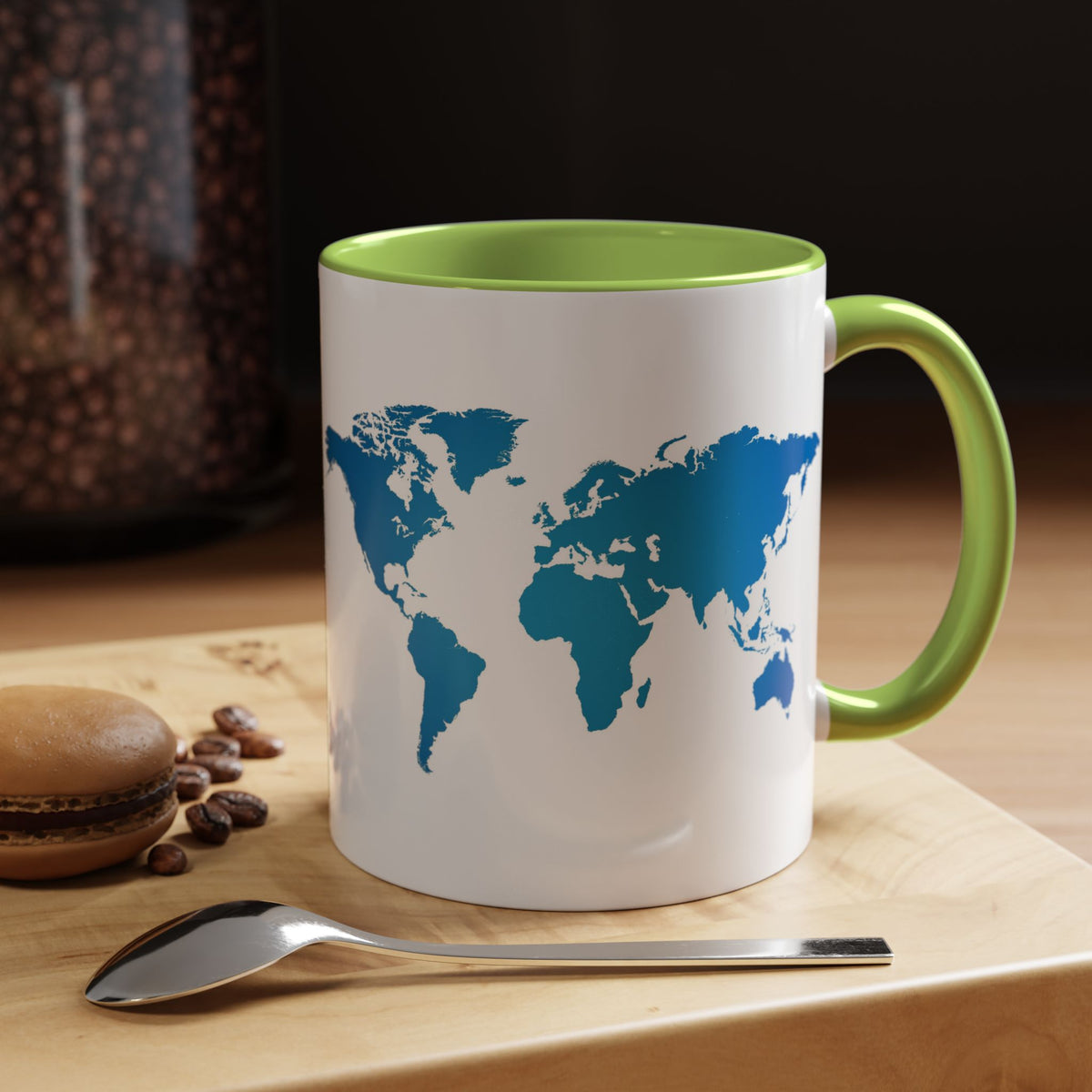 World Map Accent Coffee Mug — Illustrated Italy & Blue World Map Travel Mug (11/15oz)