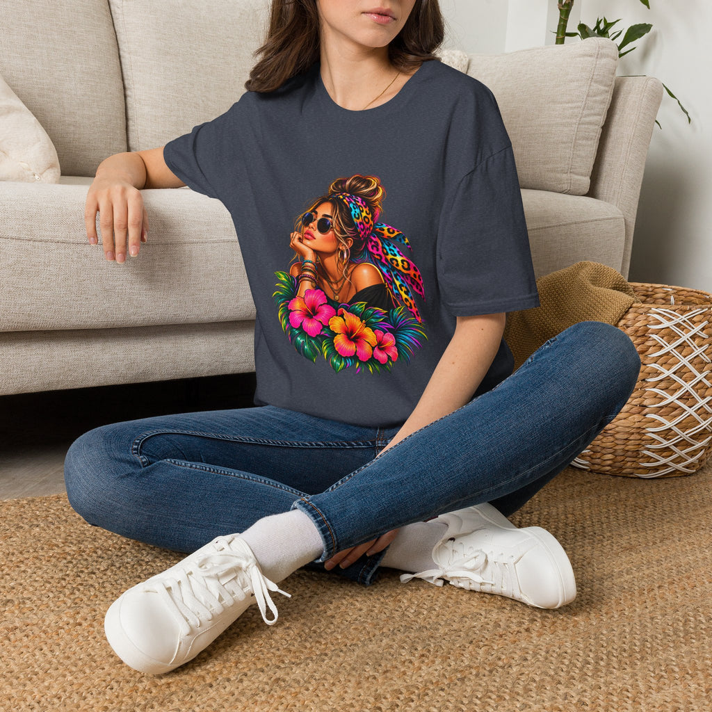 T-Shirt — Tropical Boho Girl Graphic Tee with Hibiscus & Bandana