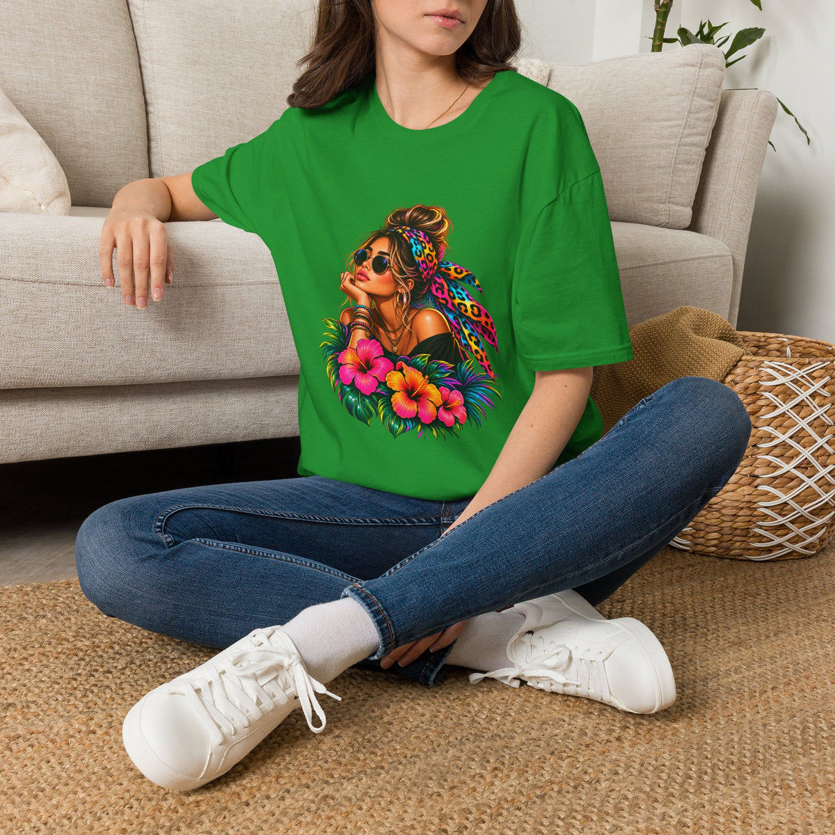 T-Shirt — Tropical Boho Girl Graphic Tee with Hibiscus & Bandana